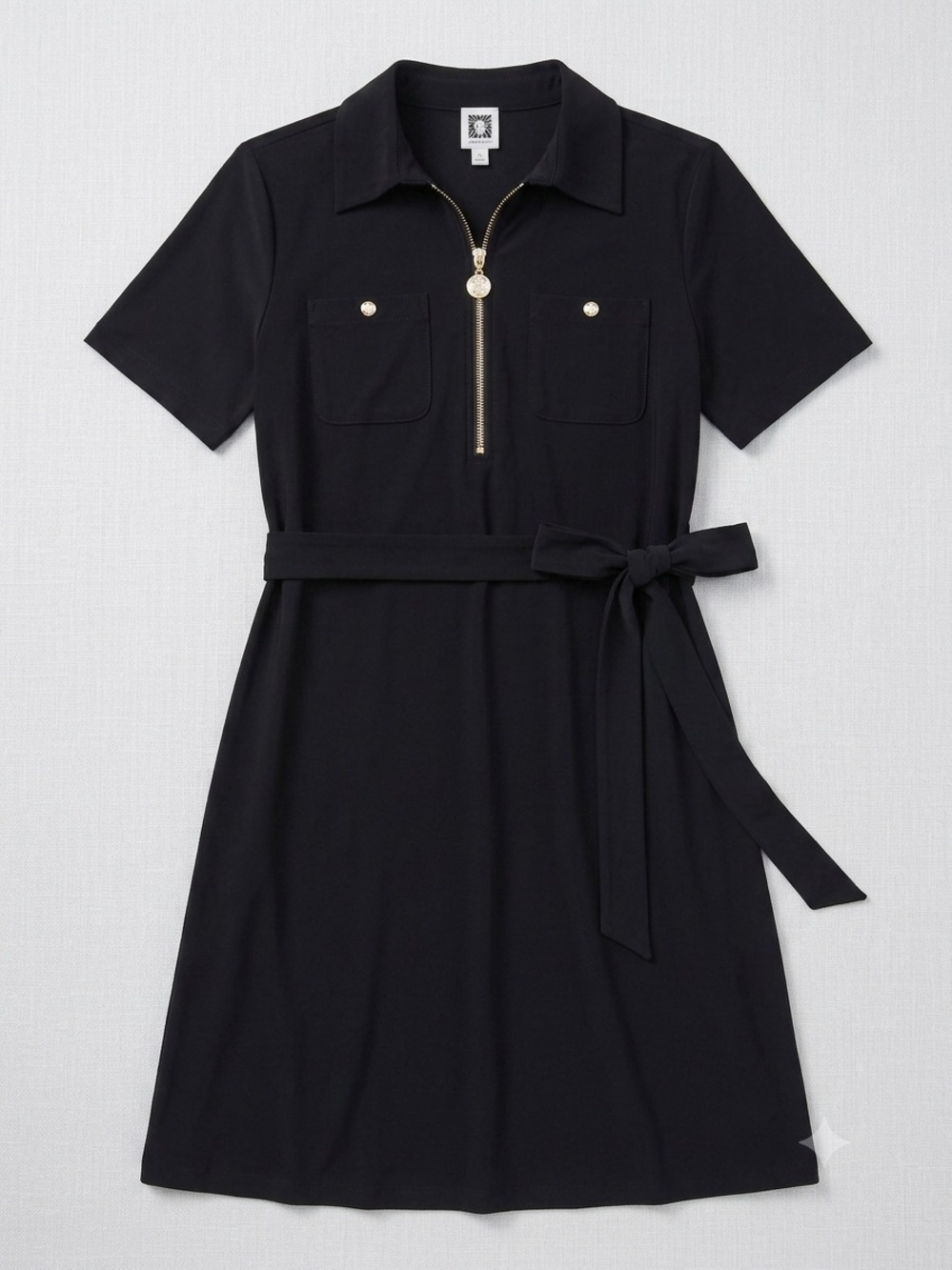 Anne Klein Black Polo Dress with Zip Front and Waist Tie
